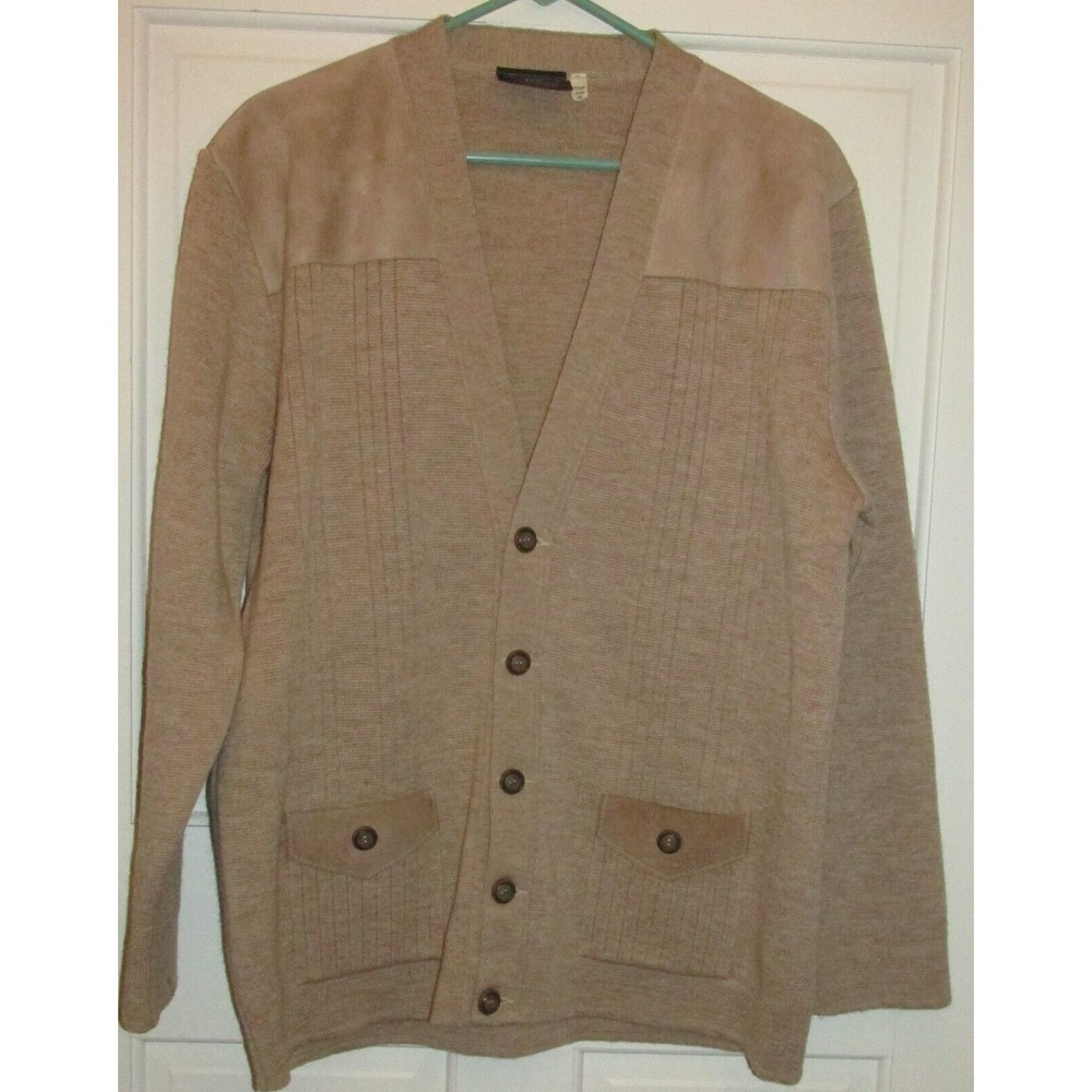 Maban of Scotland Mens Beige 100% Pure New Wool Button Front Cardigan Sweater XL